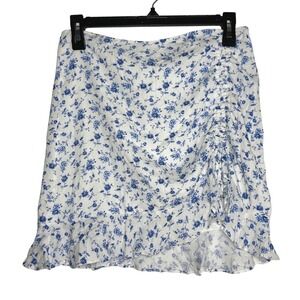 Forever 21 Blue White Floral Ruched Mini Skirt High Waist Side Slit Rayon Small